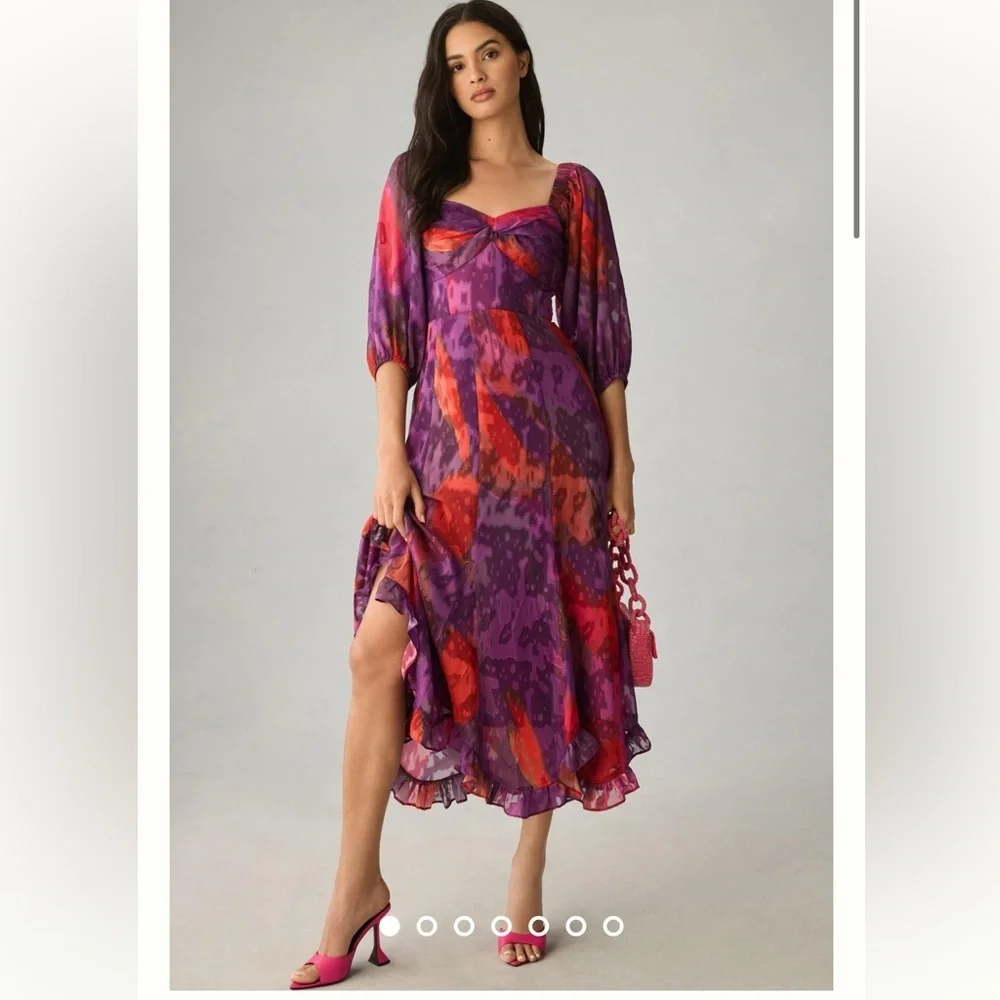 Anthropologie NWT Hutch Printed Twist-Front Puff-Sleeve Ruffle-Hem Dress XSP - Picture 2 of 16